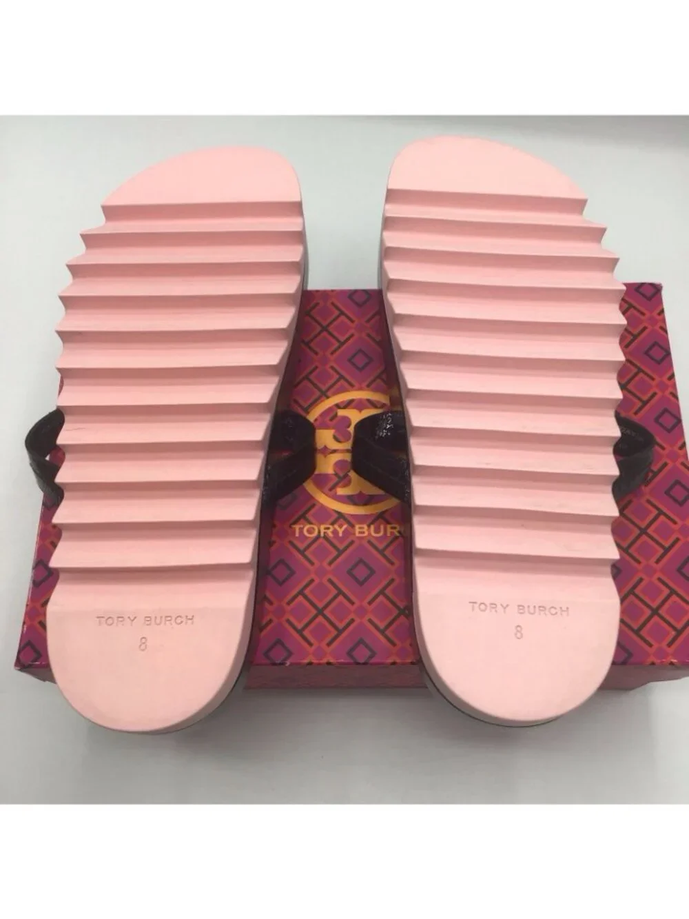 Tory Burch Miller Cloud Lug Black Pink Patent Leather Petunia Sandals Sz 8